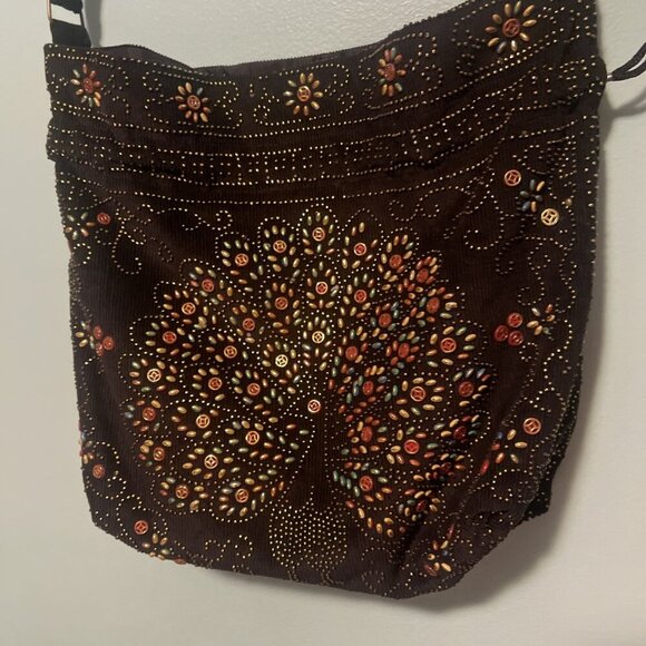 Peacock Vintage Purse Beaded Corduroy Draw String Closure Black Hippie Boho Art - Picture 9 of 13